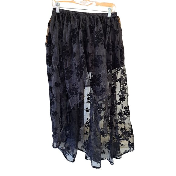 Black Velvet Burnout Floral Sheer Maxi Skirt Elastic Waist Women's Large Gothic - Picture 2 of 9